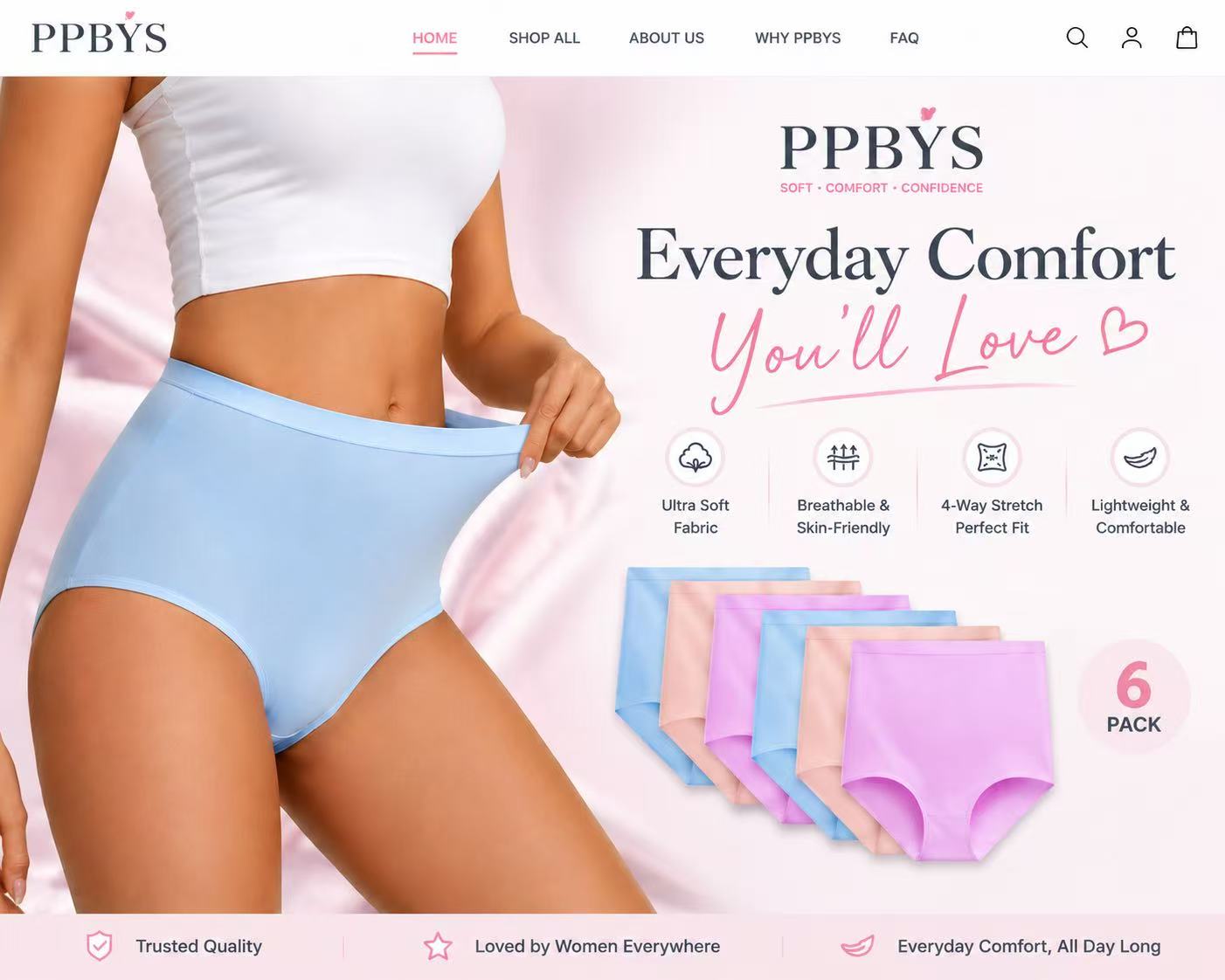 Six PPBYS high-waisted briefs in soft pastel shades
